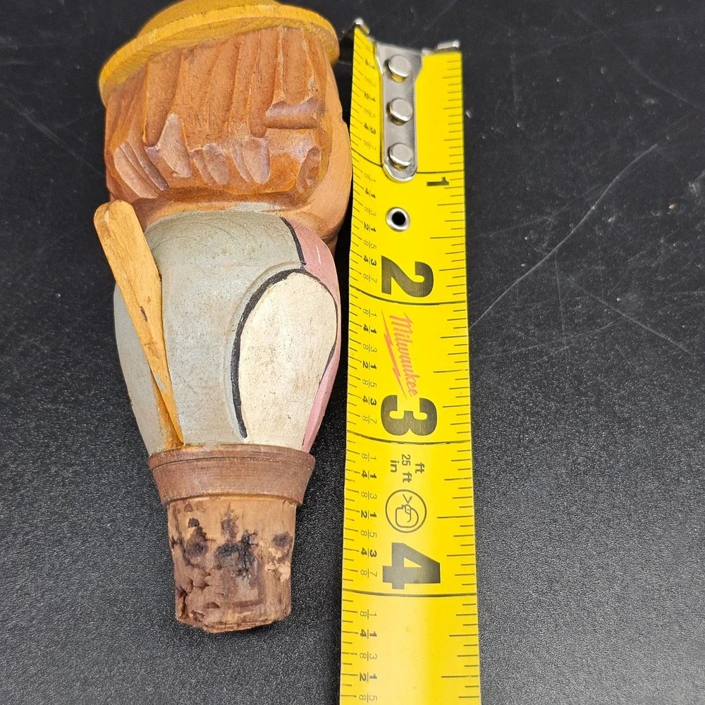 Bottle Stopper 4.25in Vintage Folk Art Carved Jolly Man Lifting Hat black forest